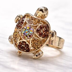 Gold Tone Turtle Ring Multicolor Rhinestone Adjustable Cute Animal Jewelry